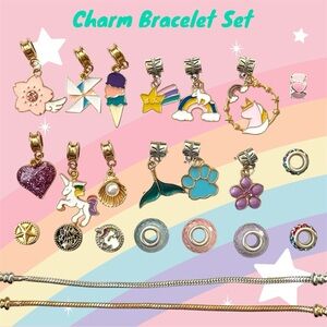 New Charm Bracelet Set. Includes 2 Bracelets and 21 Enamel Charms. Never Worn.